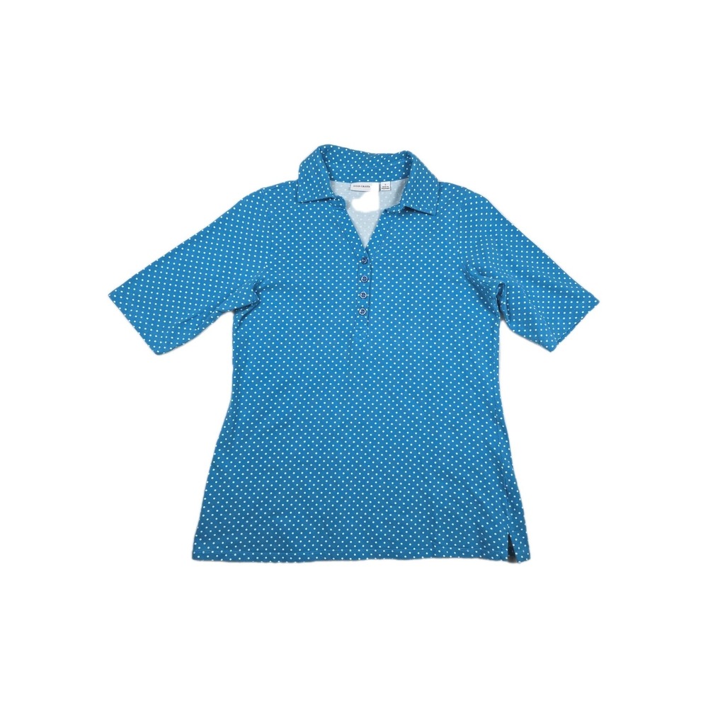 Susan Graver Women's Size Small Blue Collared Polka Dot Half Sleeve Shirt Button